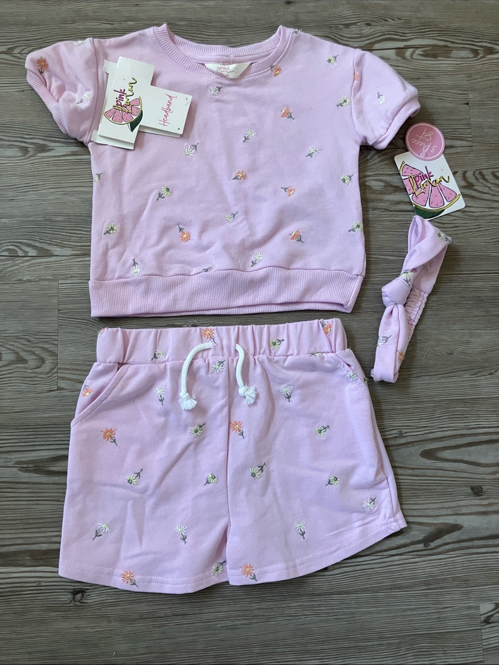 Pink Flower Embroidered Kids Short Set with Headband. Sz 5T NWT